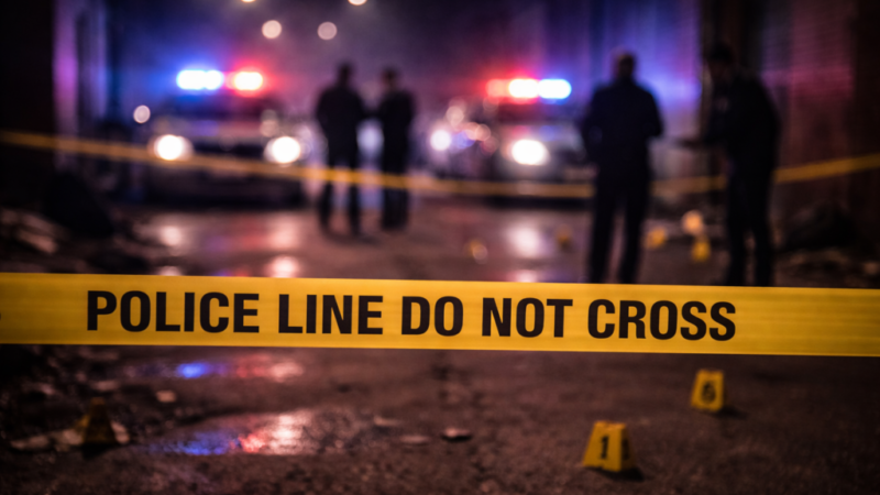 Police tape at a crime scene at night with emergency lights in the background