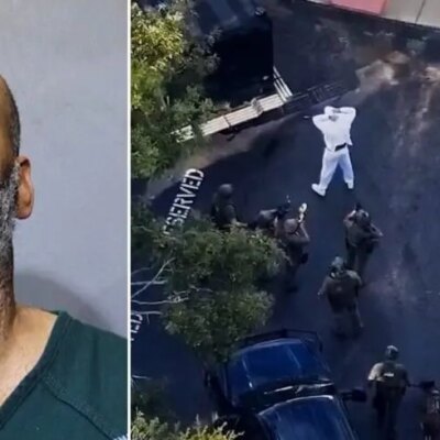 Booking photo of fugitive Jonathan Soto beside drone footage of his capture by Jacksonville Sheriff's SWAT officers. (Image: West Orlando News)