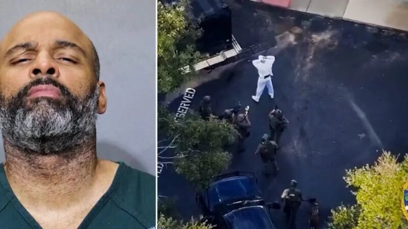 Booking photo of fugitive Jonathan Soto beside drone footage of his capture by Jacksonville Sheriff's SWAT officers. (Image: West Orlando News)