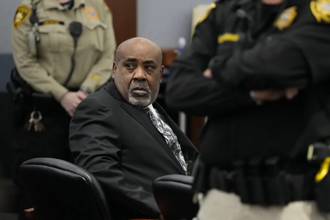 Duane 'Keffe D' Davis seated in a Las Vegas courtroom flanked by deputies