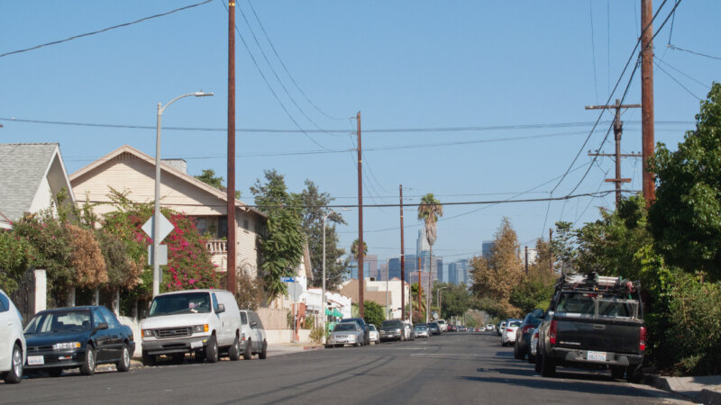 Police activity on a street in Koreatown, Los Angeles