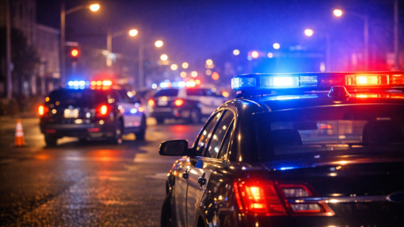 Police cars with flashing lights on a street at night