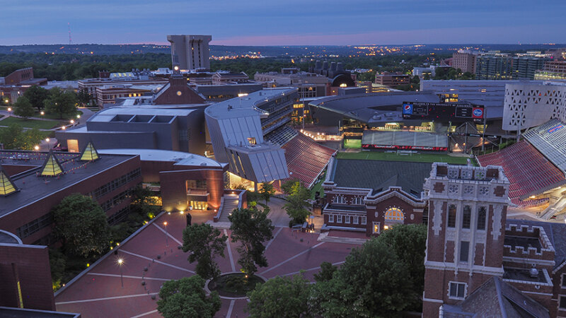 University of Cincinnati campus at dusk (CCM Village panorama), near where the Short Vine Street shooting occurred. Image via TheCollegeTour.com.
